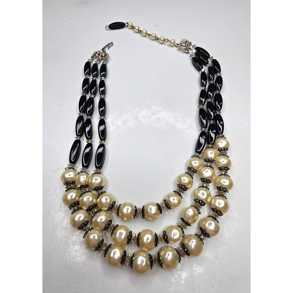Vintage Triple Strand Pearl and Black Beaded Choker Necklace 14" - Picture 2 of 6